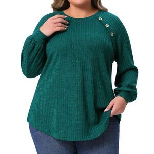 Plus Size Casual Long Sleeve Crew Neck Ribbed Knit Pullover Blouse Green